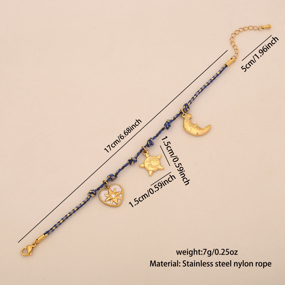 Braccialetto da donna intrecciato fatto a mano minimalista con sole, luna e stelle in acciaio inossidabile con ciondolo a cuore