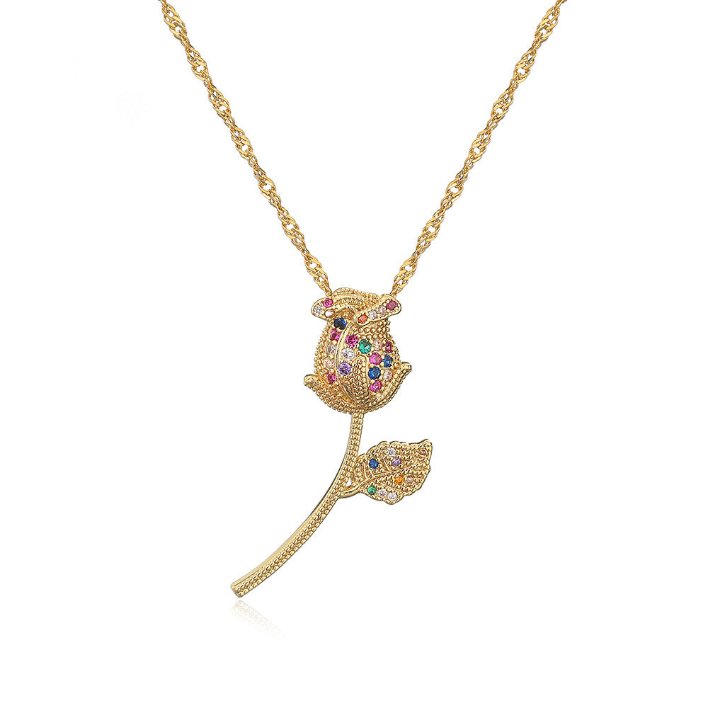 Elegant Rose Flower Pendant Necklace for Women in Copper with 18K Gold Plating and Zircon Inlay, Geometric Design