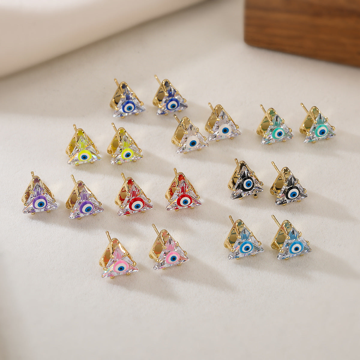 Minimalist Geometric Evil Eye Triangle Stud Earrings for Women in Brass with Micro-Pave Zirconia