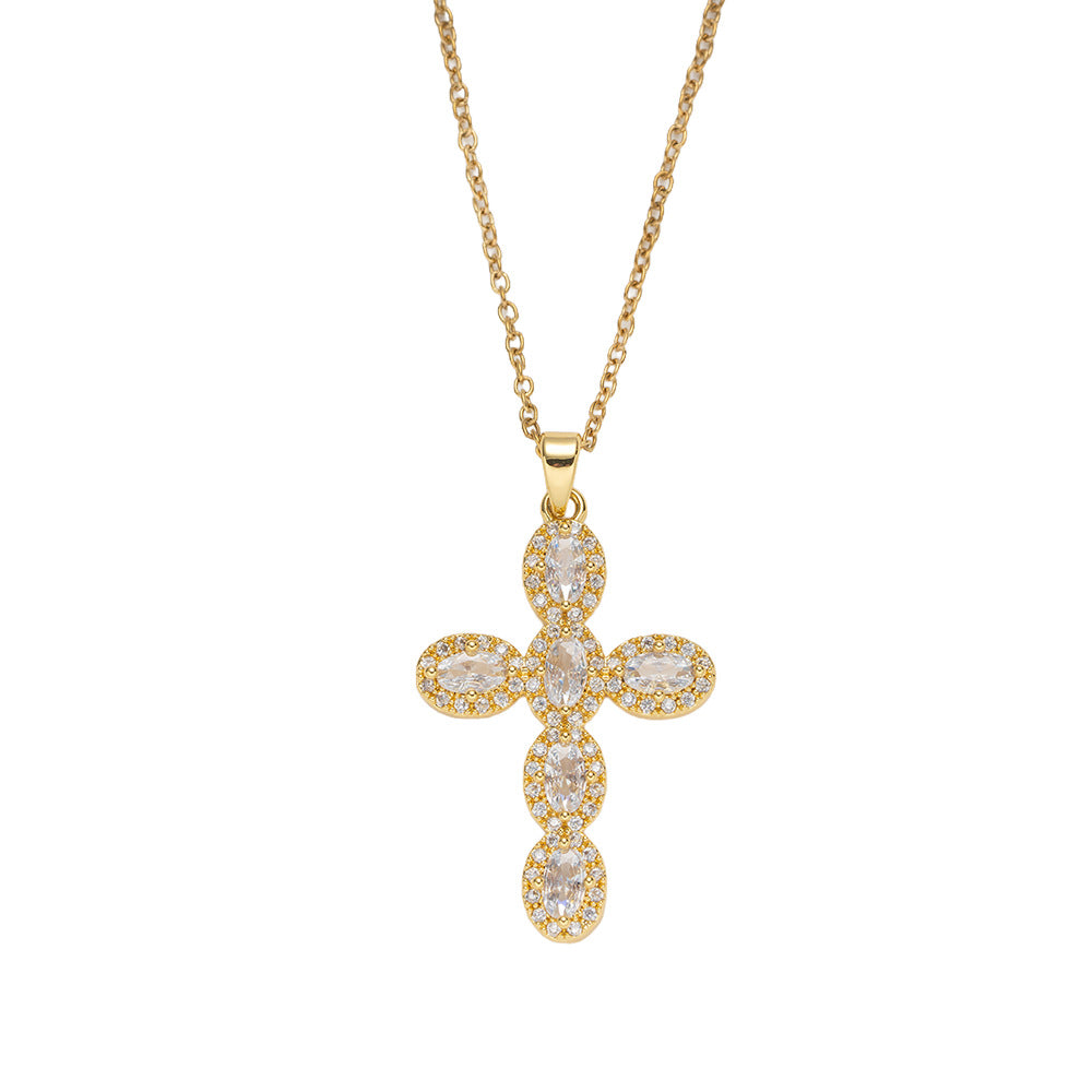 Collana con Pendente a Croce di Lusso da Donna in Acciaio al Titanio con Placcatura in Oro 18K e Zirconi Cubici Colorati su Catena a O