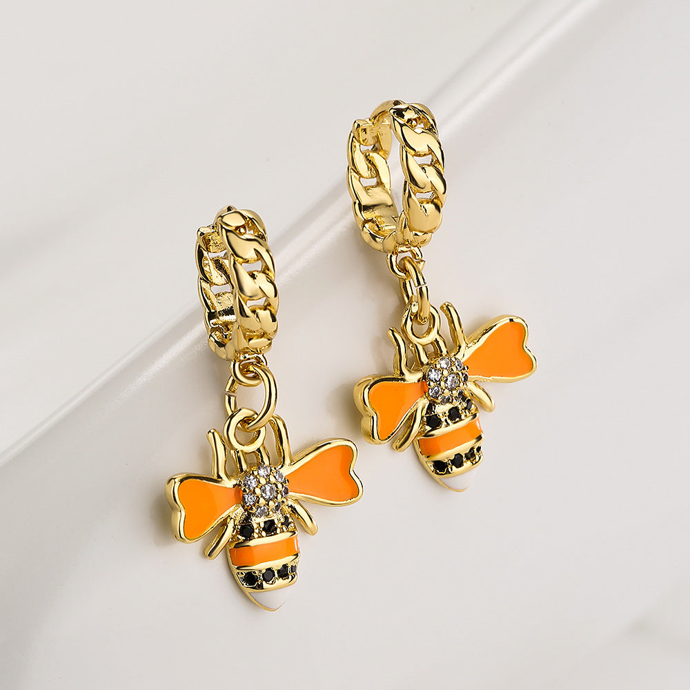 Minimalist Bee-Shaped Copper Pendant Earrings with 18K Gold Plating and Enamel Finish for Women