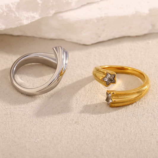 Anillo de Acero Inoxidable con Diseño de Estrella de Moda, Chapado en Oro de 18K e Incrustaciones de Circones para Mujer