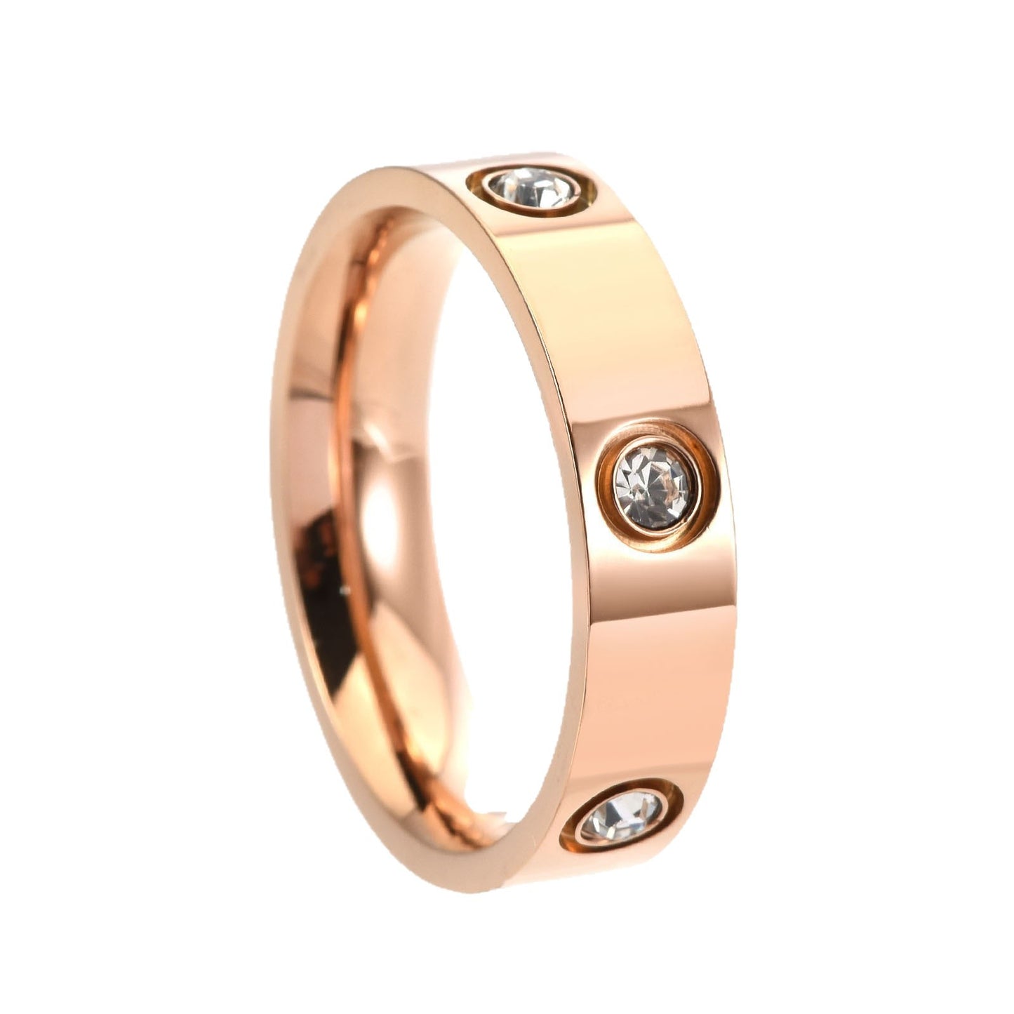 Luxury Minimalist Geometric Round Titanium Steel Plated Ring with 6 Rhinestones for Unisex