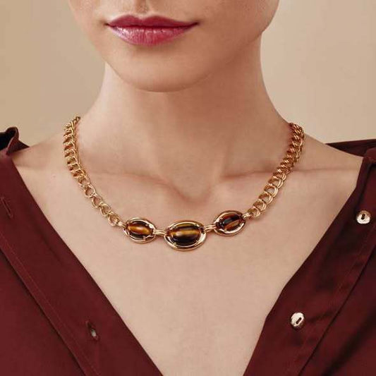 Collana con Pendente Minimalista Geometrico a Occhio di Tigre in Acciaio al Titanio Placcato per Donna