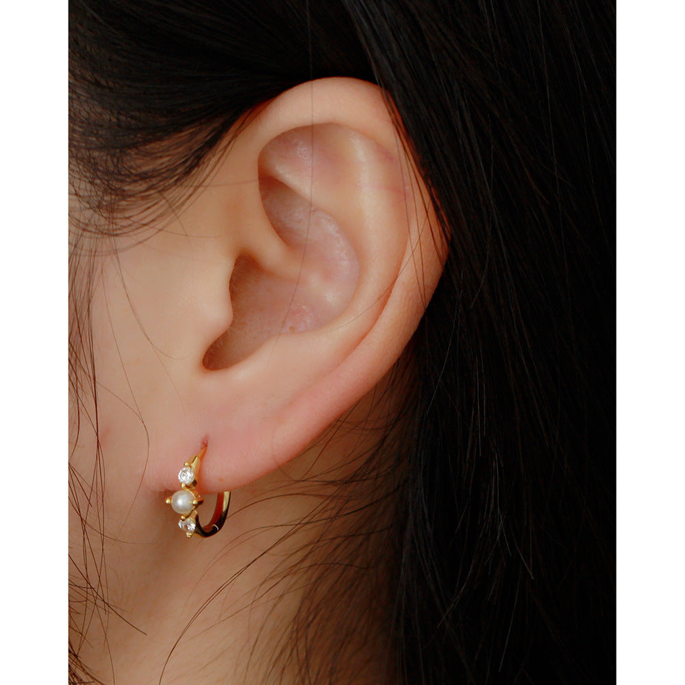 Orecchini a perno eleganti geometrici con perle in argento sterling 925 con accenti di strass per donna