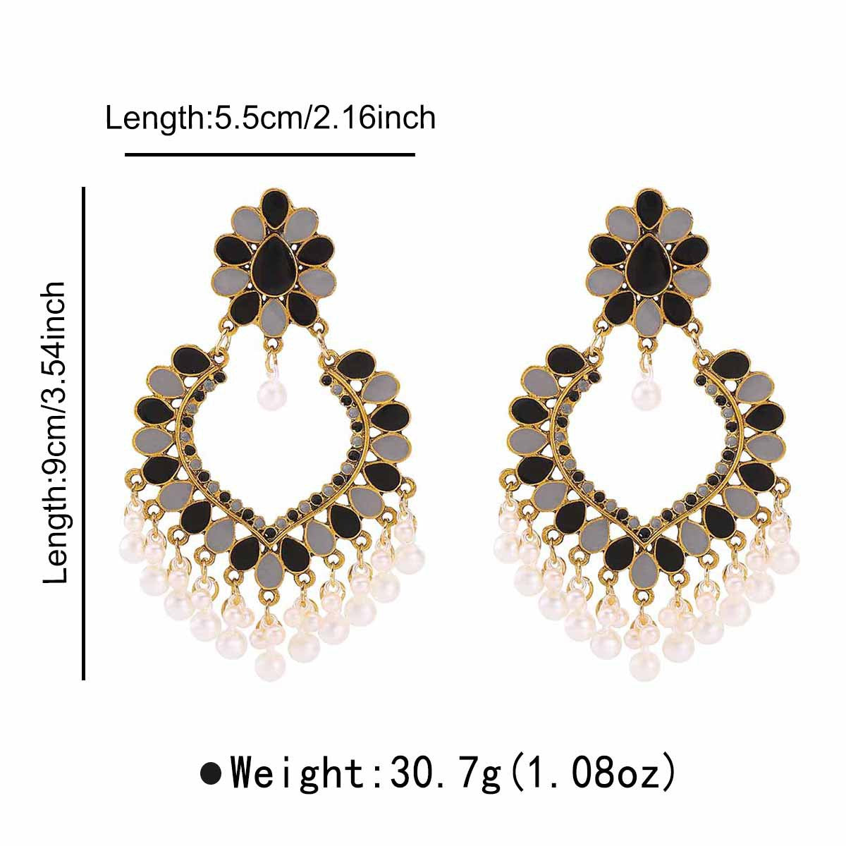 Vintage Palace Style Geometric Resin Post Enamel Earrings with Pearl Tassels for Women