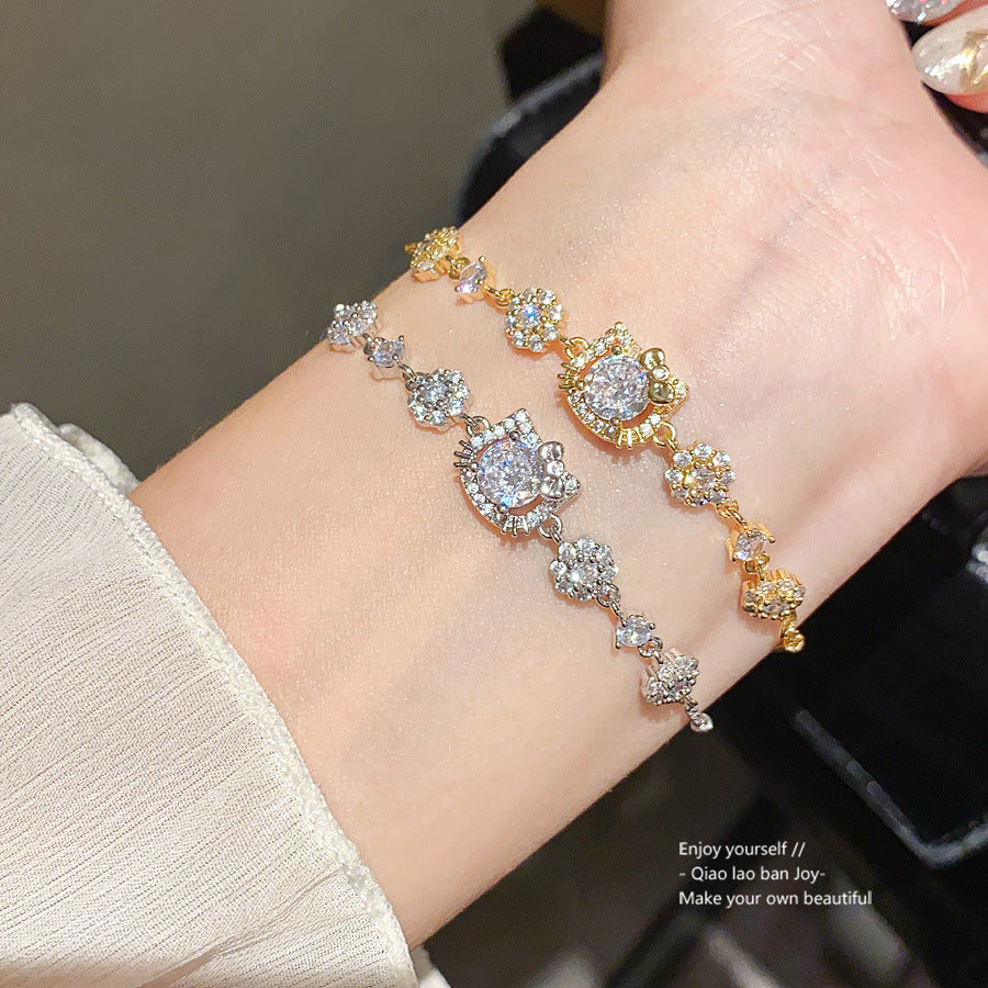 18K Gold Plated Cubic Zirconia Cat Animal Brass Bracelet Vintage Luxury Elegant Women's Jewelry