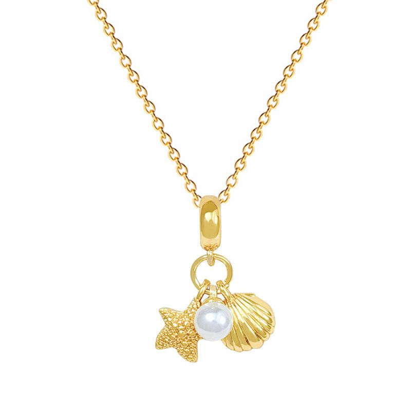 Sweet Minimalist Star Shell Pearl Rhinestone Pendant Necklace Titanium Steel Cable Chain for Women