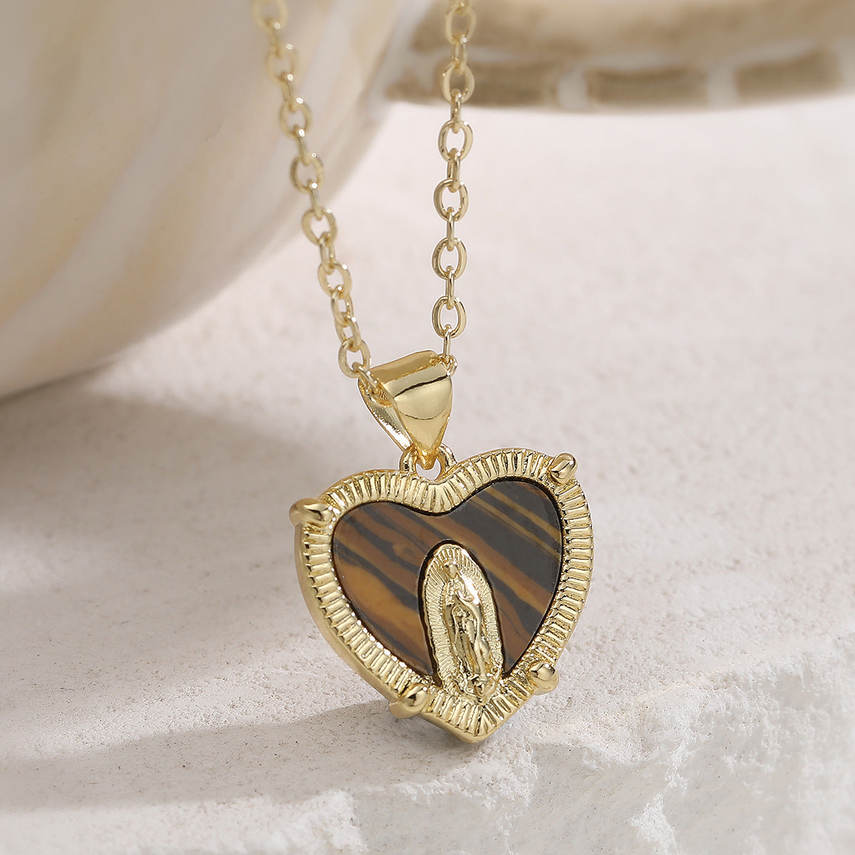 Minimalist Gold Plated Brass Heart Virgin Mary Pendant Necklace for Women