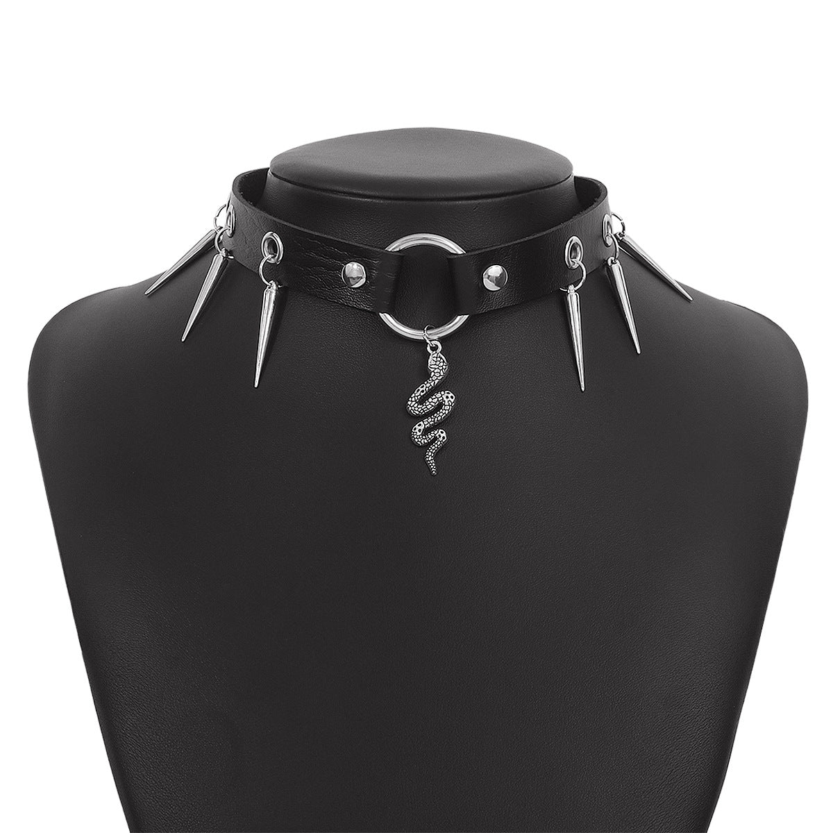 Gargantilla gótica punk rock para mujer con banda de cuero con forma geométrica y remaches metálicos