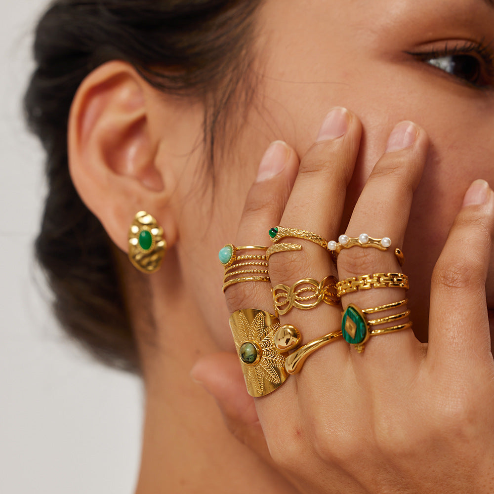 Anello minimalista geometrico in acciaio inossidabile con placcatura in oro 18 carati e malachite naturale per donna