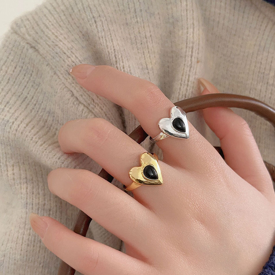 Minimalist Heart-Shaped 925 Sterling Silver Ring with Black Onyx Inlay for Women