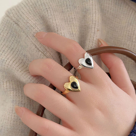 Minimalist Heart-Shaped 925 Sterling Silver Ring with Black Onyx Inlay for Women