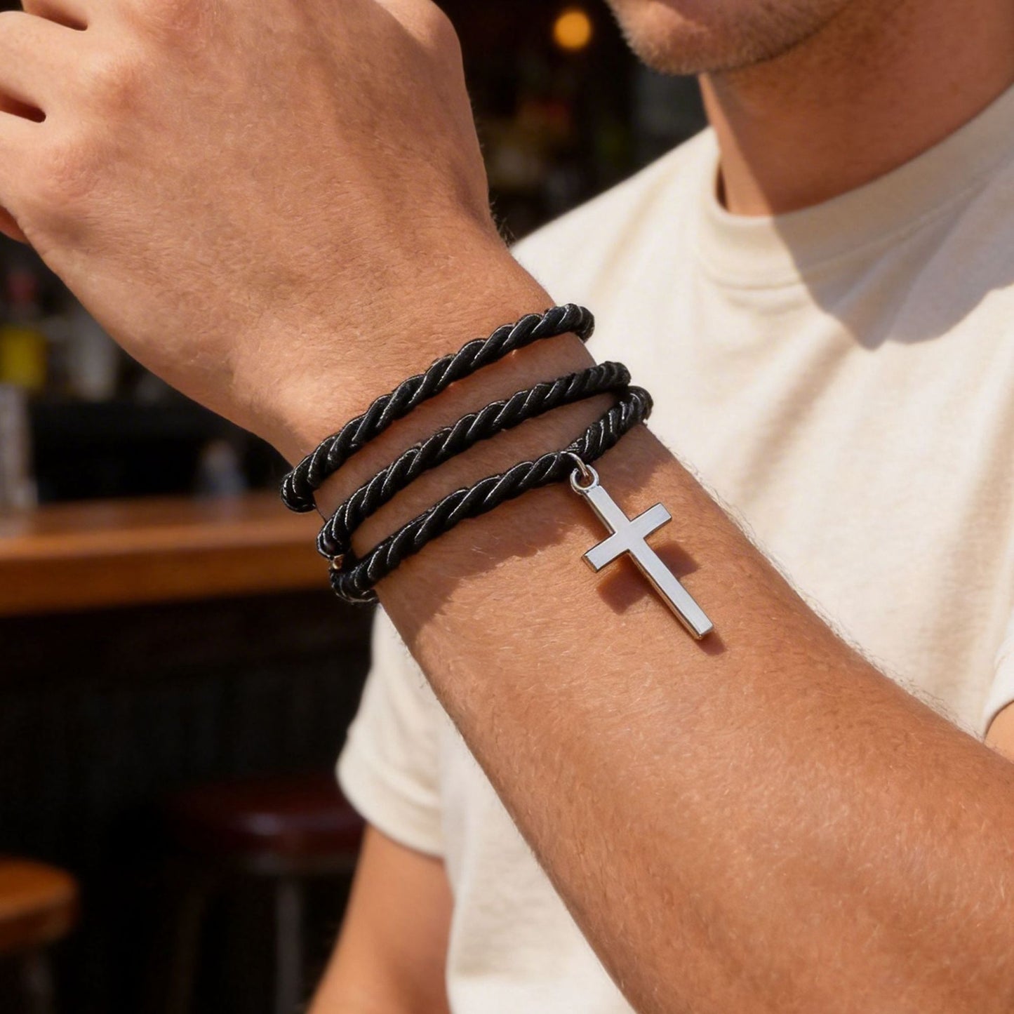 Multi-layer Woven Black Stainless Steel Cross Bracelet Handmade Geometric Jewelry