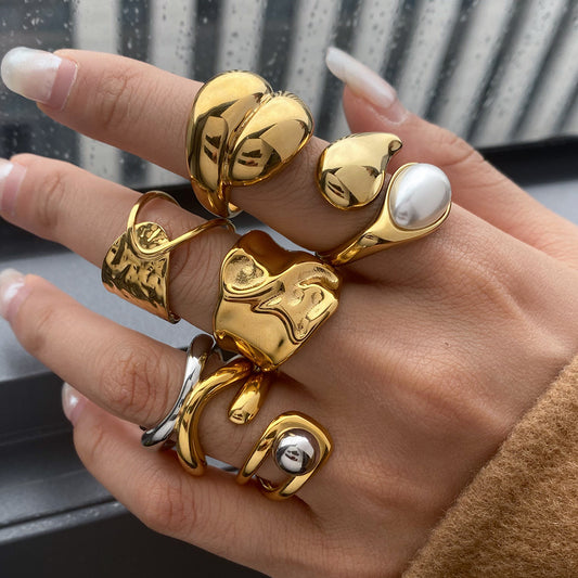 Geometric Stainless Steel Plated Ring with Pearl Inlay for Women