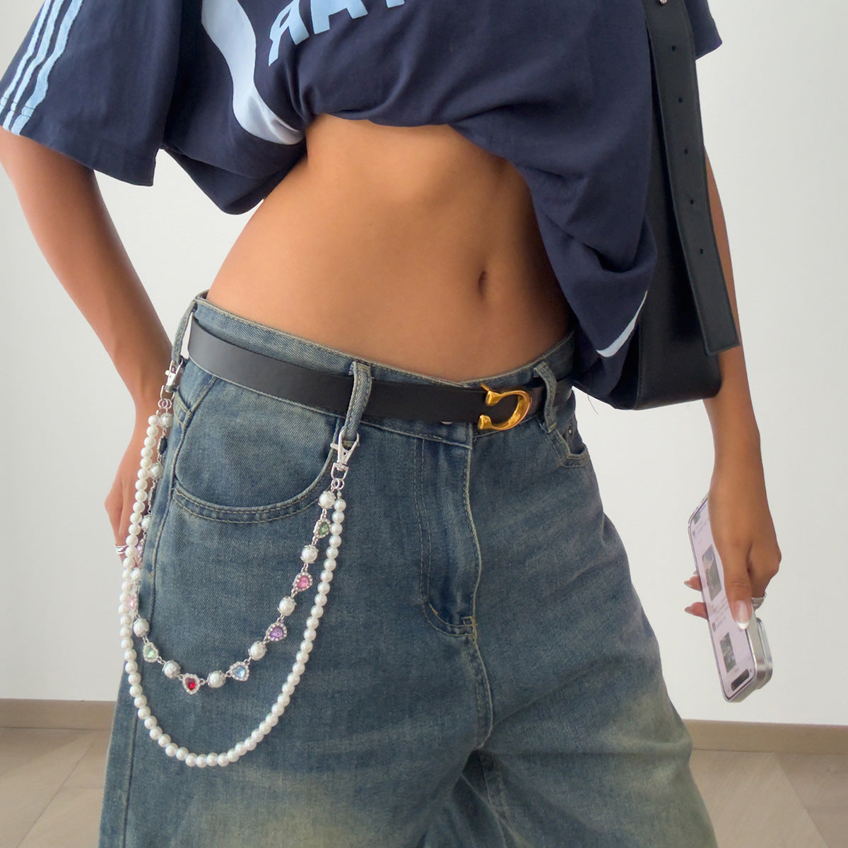 Catena da vita a cuore con nappine in stile Hip Hop, ciondolo a croce e dettagli di perle da donna