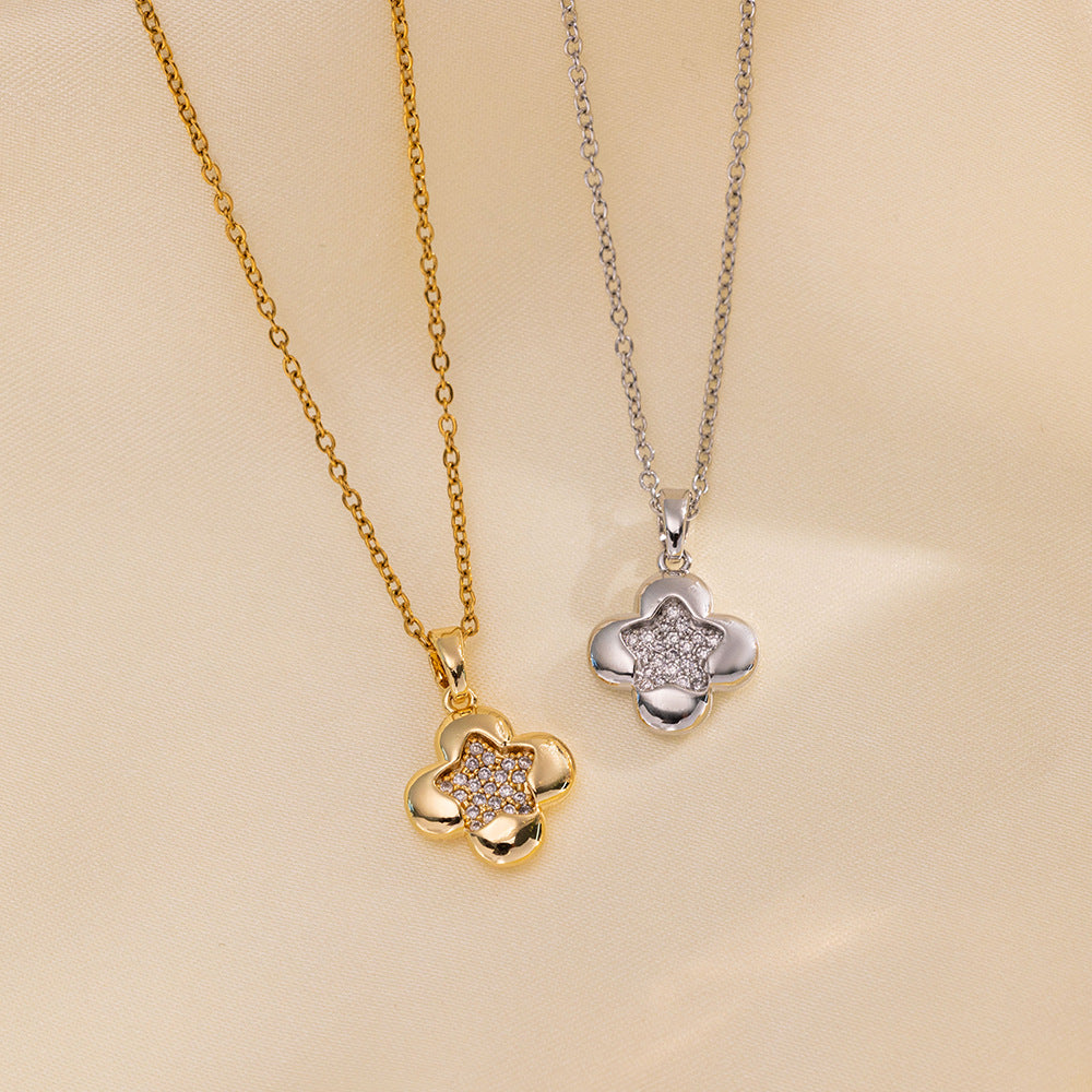 Minimalist Geometric Star and Four-Flower Titanium Steel Necklace for Women with Electroplated Finish and Snake Chain