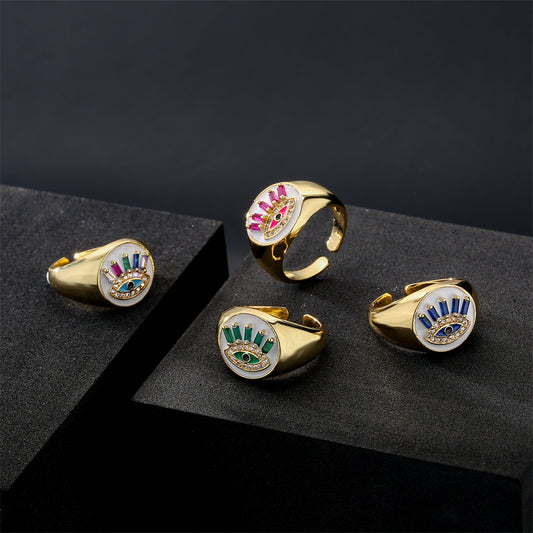 Geometric Brass Gold Plated Ring with Cubic Zirconia and Drip Oil Eye Design for Women
