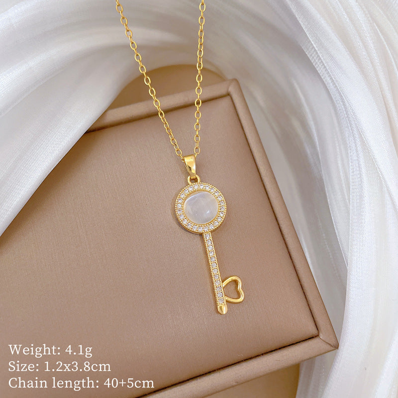 Cartoon Style Cat's Eye Key Pendant Necklace for Women Stainless Steel Clavicle Chain with Full Rhinestone Accents