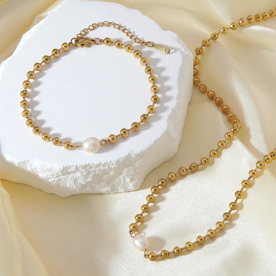 Set di collana e bracciale in acciaio inossidabile con perle, geometrico, rotondo, elegante, minimalista