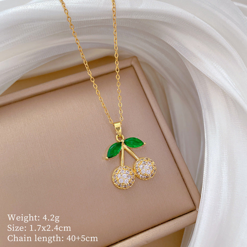 Minimalist Green Leaf Cherry Pendant Necklace and Earrings Set in Titanium Steel with Electroplating Finish for Women