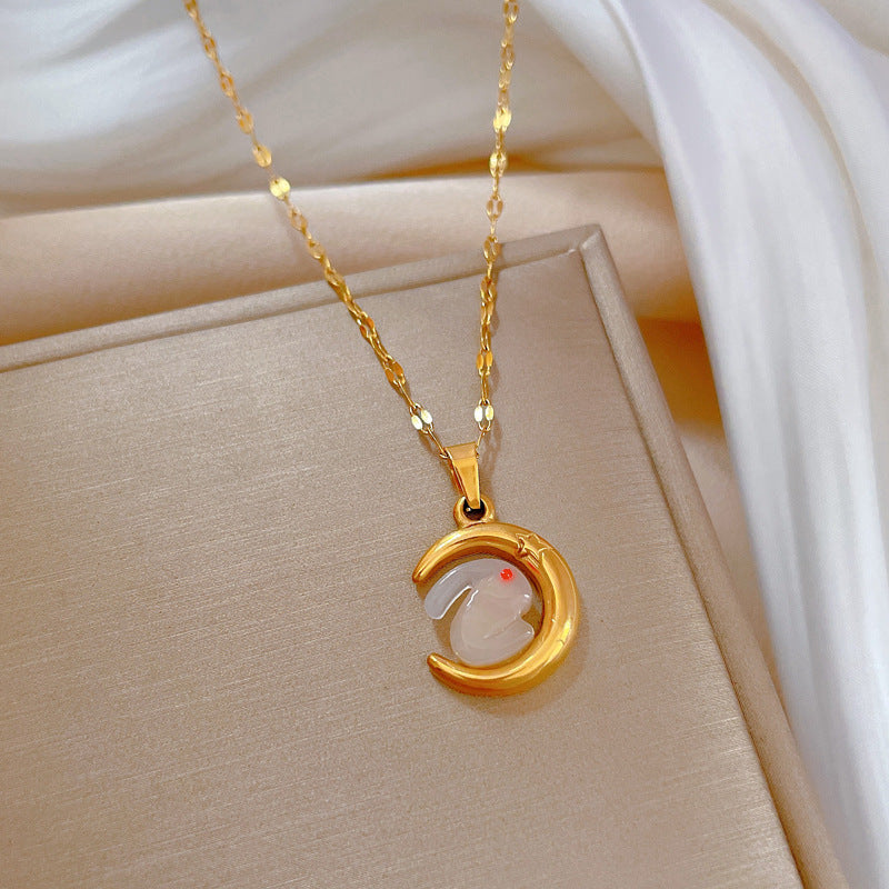 Collar con colgante minimalista de luna y conejo de acero de titanio para mujer, cadena con medallón geométrico, a la moda para la oficina