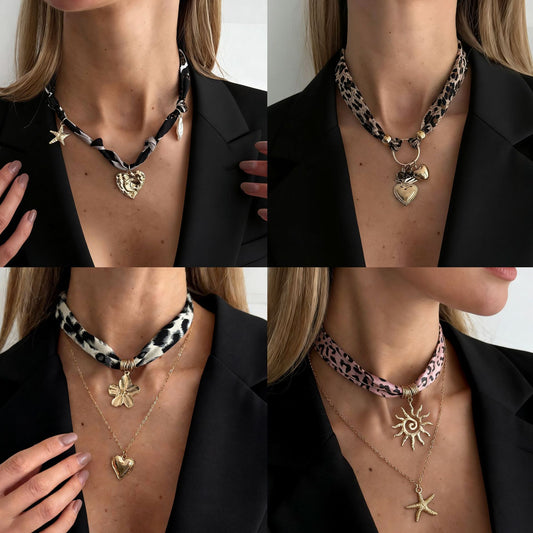 Vintage Leopard Print Resin Heart Pendant Necklace with Pearl and Alloy Details for Women