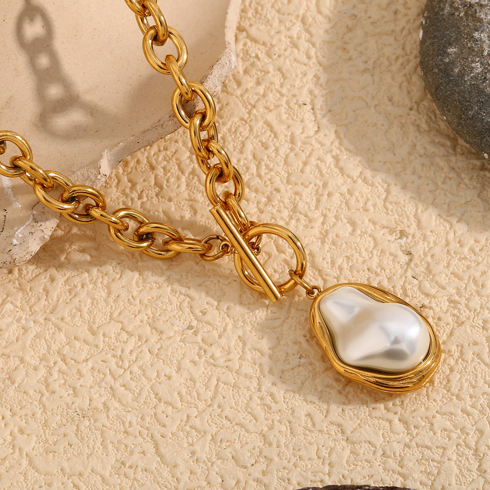 Collana vintage con pendente a perla barocca in acciaio inossidabile placcato oro 18 carati con design geometrico per donna