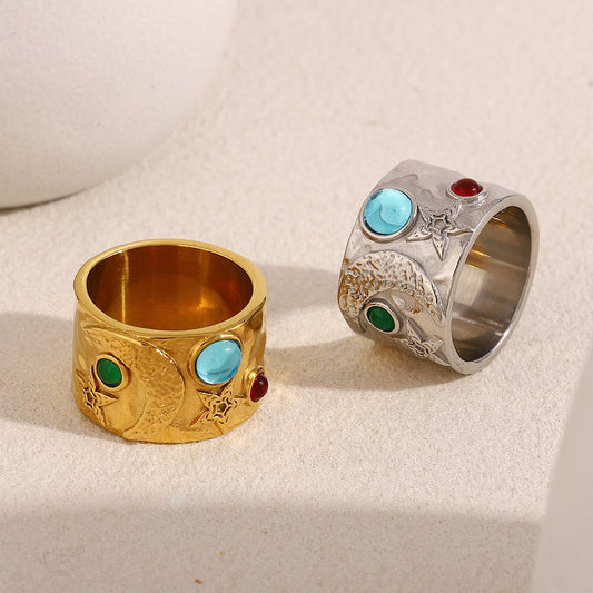 Minimalist Geometric Stainless Steel Ring with 18K Gold Plating and Embossed Gemstone Detail for Women