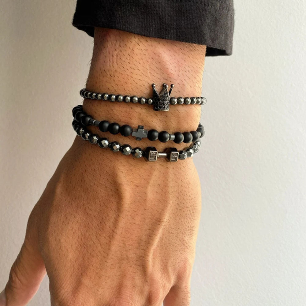 Unique Geometric Cross Crown Hematite Beaded Bracelet Set with Cubic Zirconia for Men and Women