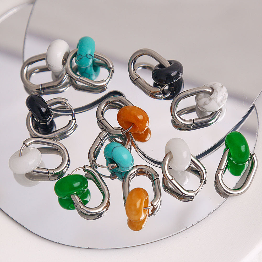 Pendientes de Acero Inoxidable con Forma de U, de Estilo Chino Antiguo Minimalista, con Detalles de Ágata y Jade, Acabado Pulido