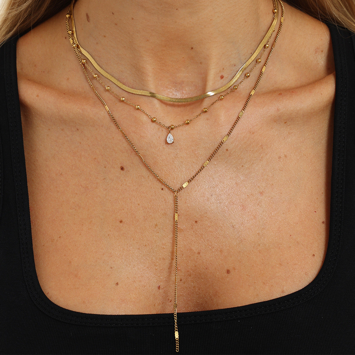 Elegant Teardrop Cubic Zirconia Pendant PVD Stainless Steel Snake Chain Necklace