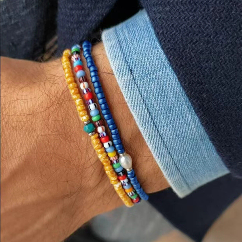 Bohemian Geometric Round Glass Beaded Handmade Bracelet with Pearl Color Block Design for Unisex