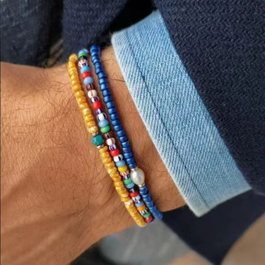 Bohemian Geometric Round Glass Beaded Handmade Bracelet with Pearl Color Block Design for Unisex