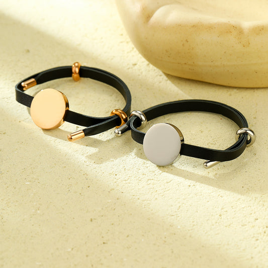 Elegant 18K Gold Plated Round Geometric Titanium Steel Laser Engraved DIY Charm Bar Bracelet for Women