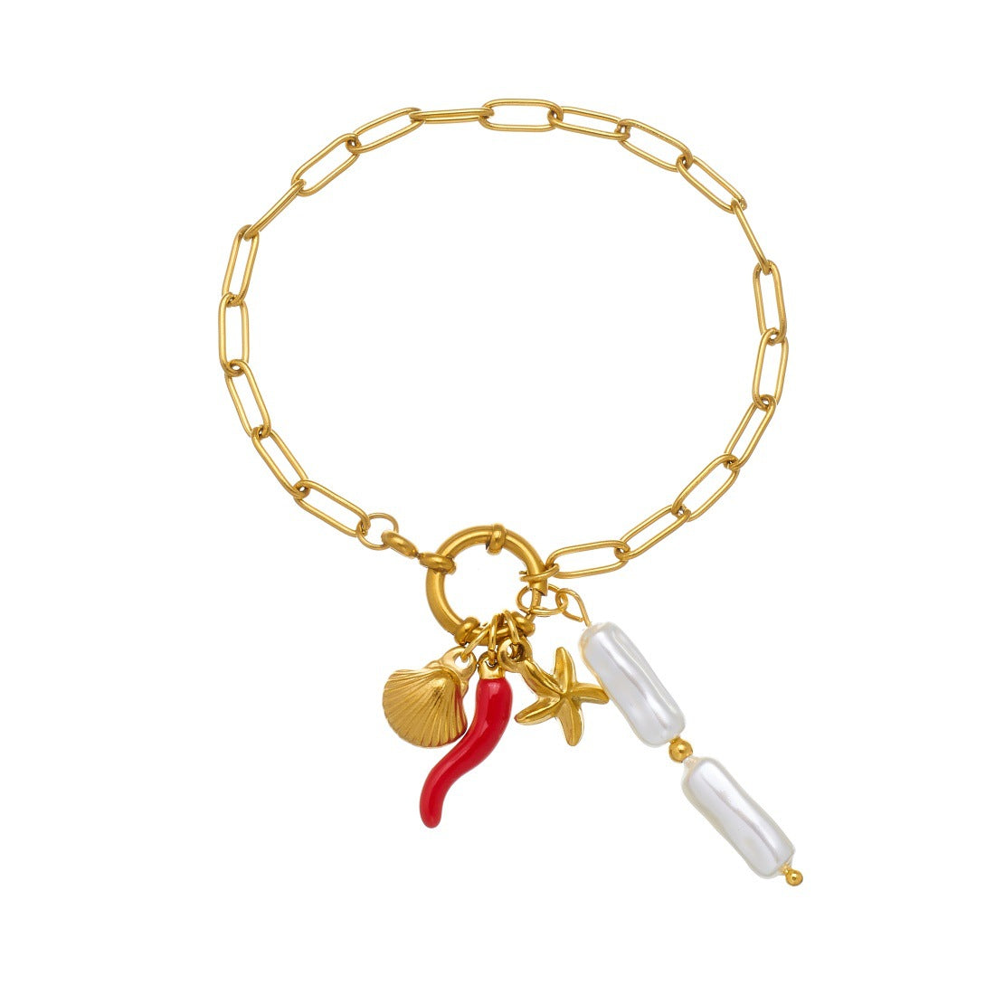 Minimalist Sweet Gold Plated Stainless Steel Starfish Shell Pearl Charm Bar Bracelet
