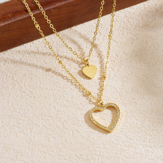 Gold Plated Stainless Steel Heart Rhinestone Inlay Hollow Pendant Layered Necklace for Women