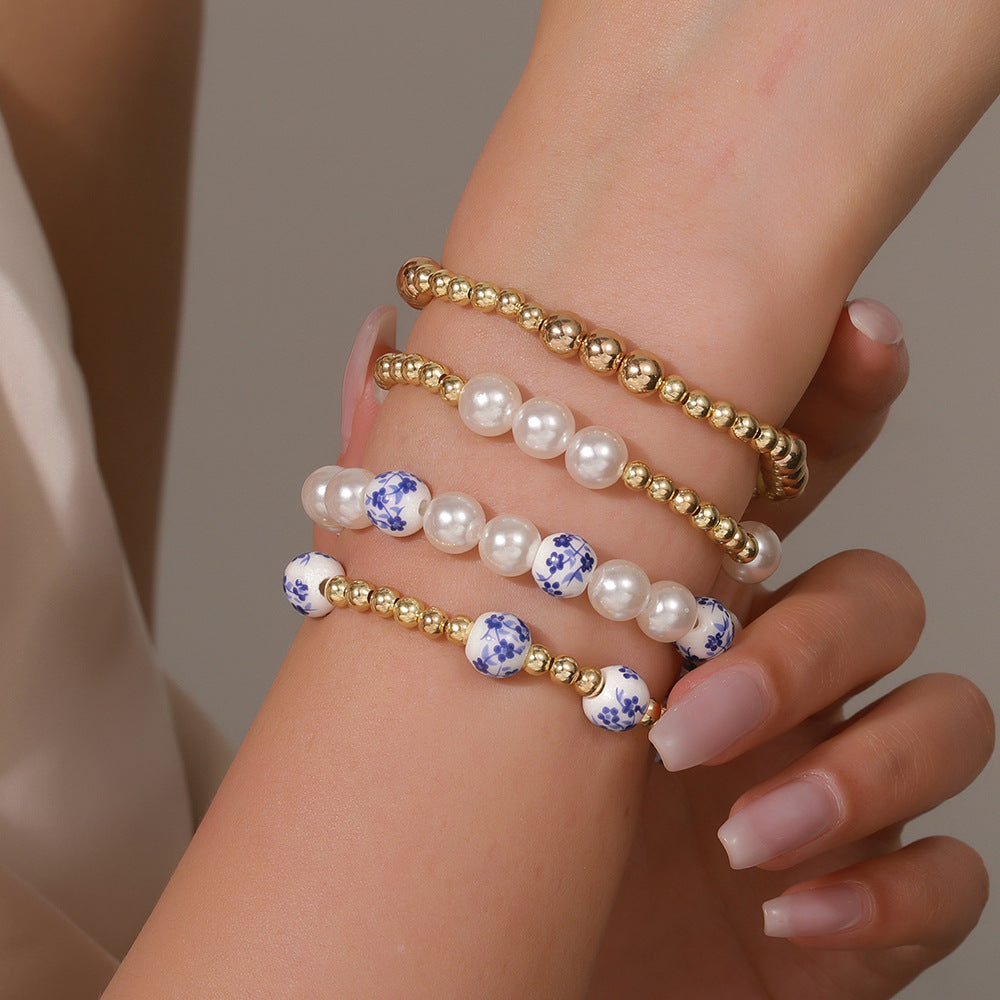 Irregular Geometric Baroque Imitation Pearl and Crystal Beaded Bracelet for Women