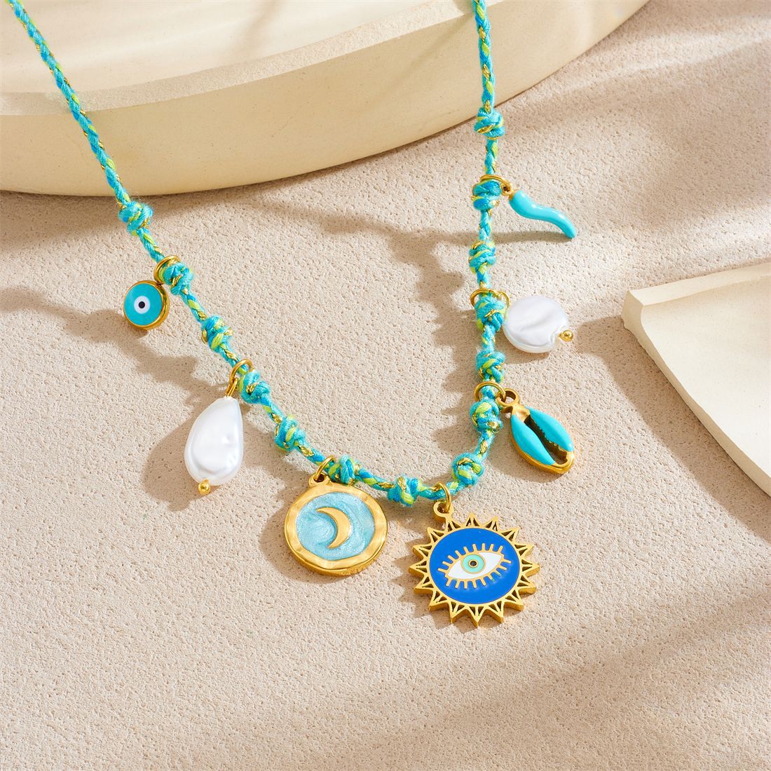 Luxury Casual Moon Drip Oil Stainless Steel Shell Sun Eye Pendant Necklace for Women