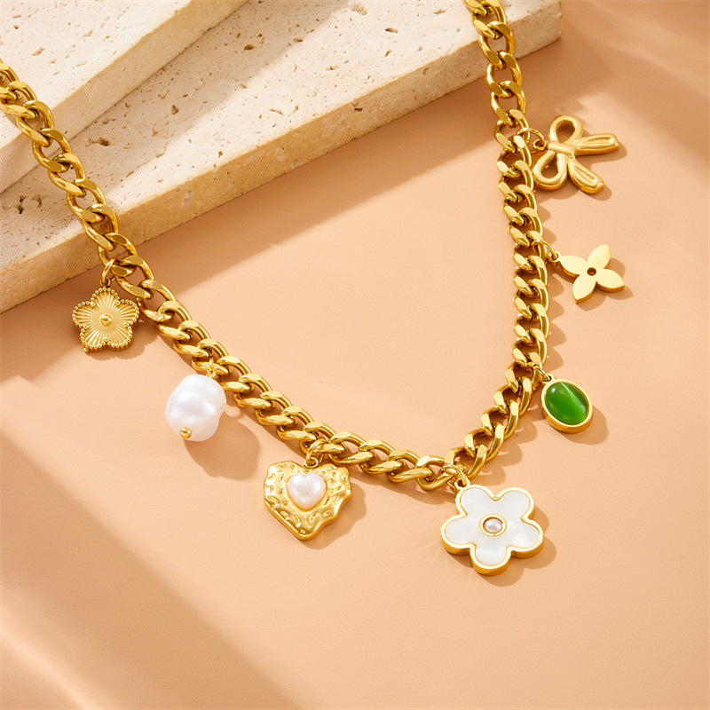 Vintage Pearl White Shell Floral Heart Bow Emerald Oval Pendant Stainless Steel Necklace for Women
