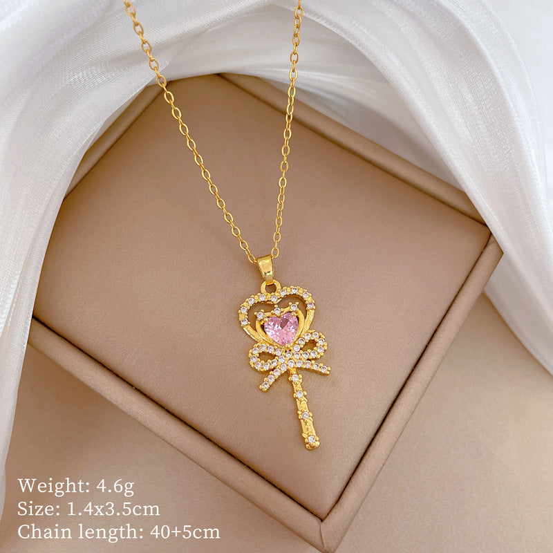 Geometric Minimalist Titanium Steel Lip Chain Necklace with Copper Pendant and Rhinestone Inlay
