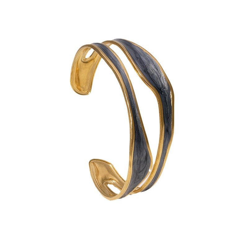 Minimalist Irregular Enamel Gold-Plated Stainless Steel Cuff Bracelet for Women