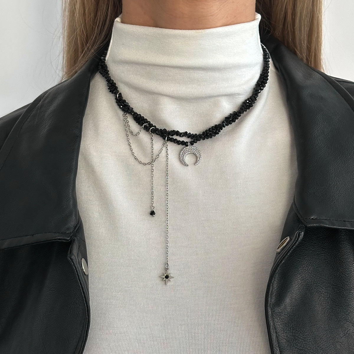 Punk Hip-hop Moon Pendant Alloy Necklace with Crystal Beads Plated Chain for Women
