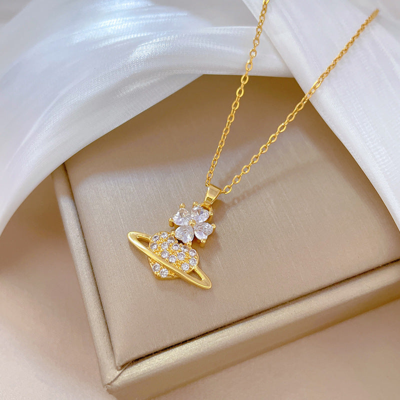 Collana con ciondolo Luxury Floral Planet per uomo e donna con catena in acciaio al titanio e strass intarsiati con design geometrico