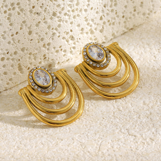 Elegant Minimalist 18K Gold Plated Stainless Steel Geometric U-Shape Cubic Zirconia Stud Earrings for Women