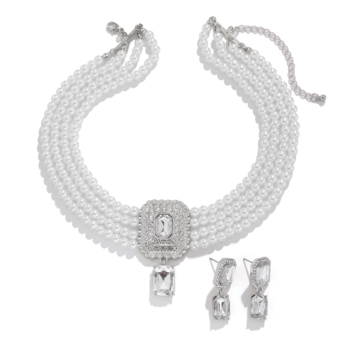 Luxury Elegant Geometric Alloy Faux Pearl Rhinestone Plated Multi-Layer Necklace for Women