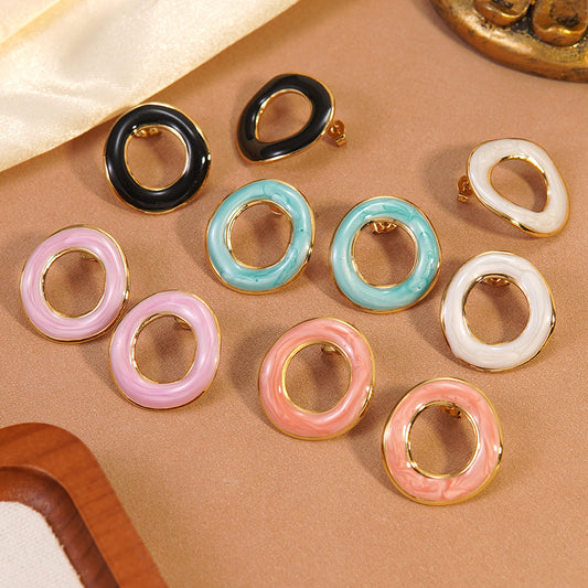 Casual Round Geometric Drip Oil Stainless Steel Stud Earrings for Women