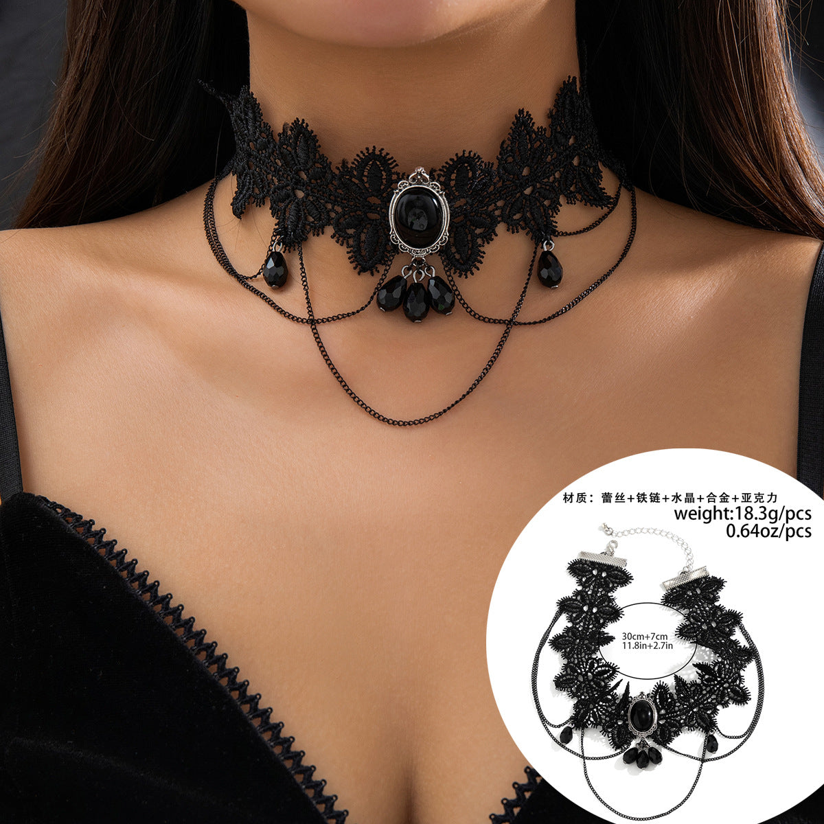 Gargantilla Punk Gótica de Encaje Negro con Colgante de Lágrima y Detalles de Borlas para Mujer
