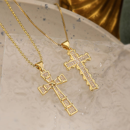 Minimalist Cross Pendant Necklace for Women with Copper Base and 18K Gold Plating, Zircon Inlay, Clavicle Chain