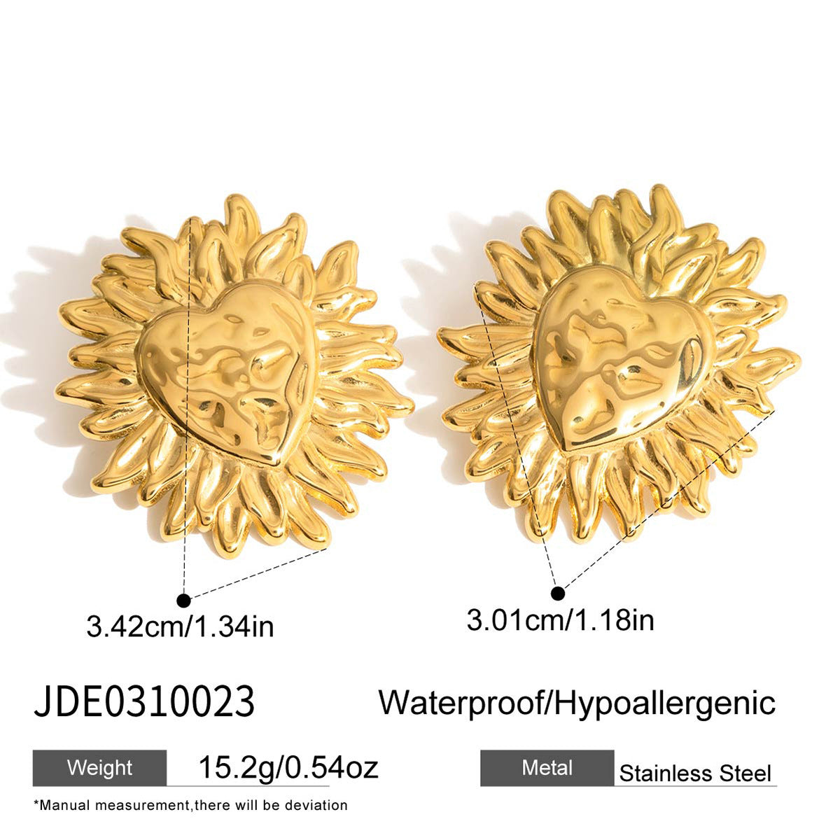 Aretes minimalistas de acero inoxidable con forma de sol y corazón, con baño de oro al vacío PVD, para mujer